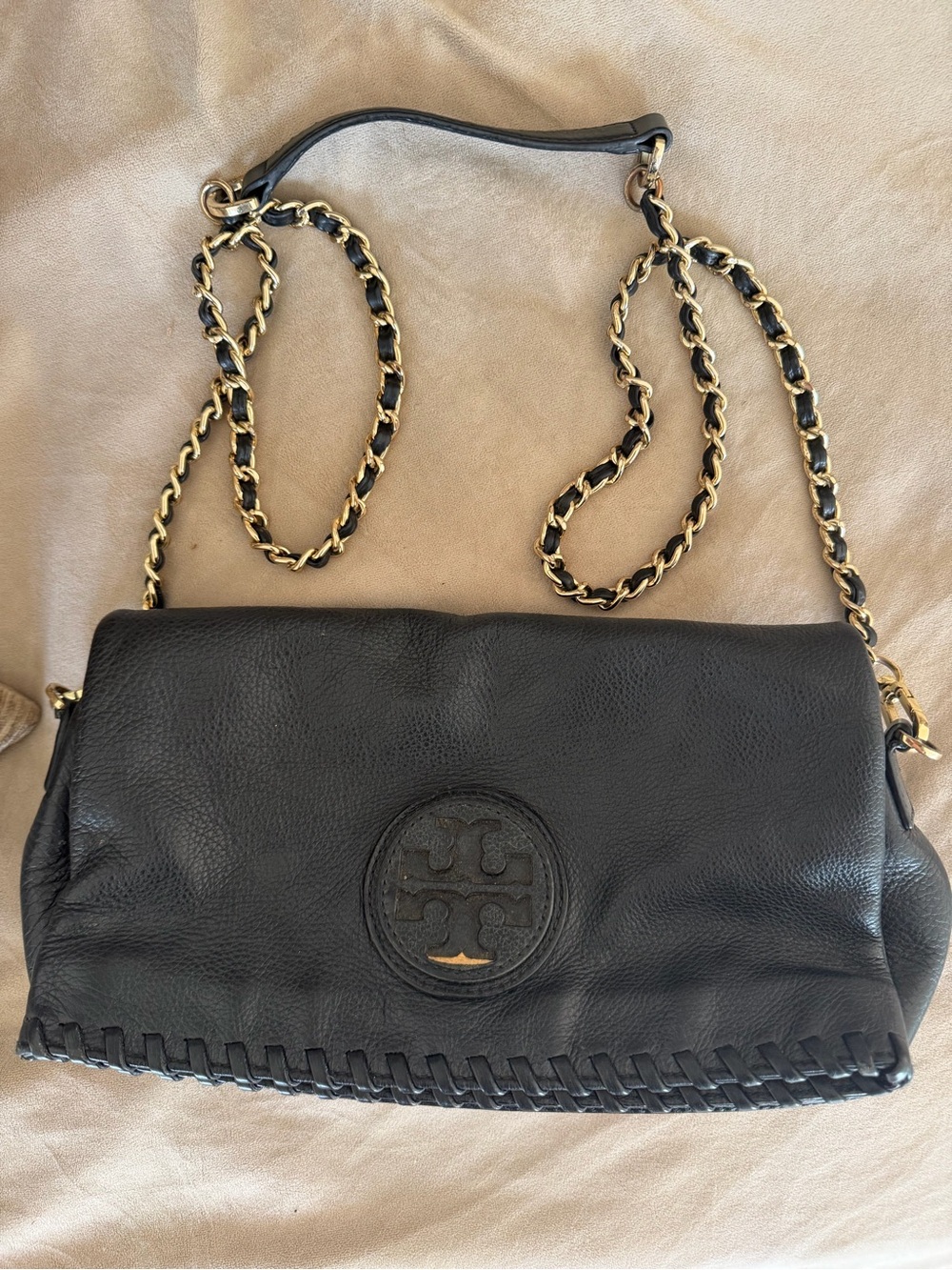 Tory Burch Black Leather Whipstitch Chain-Shoulder Bag